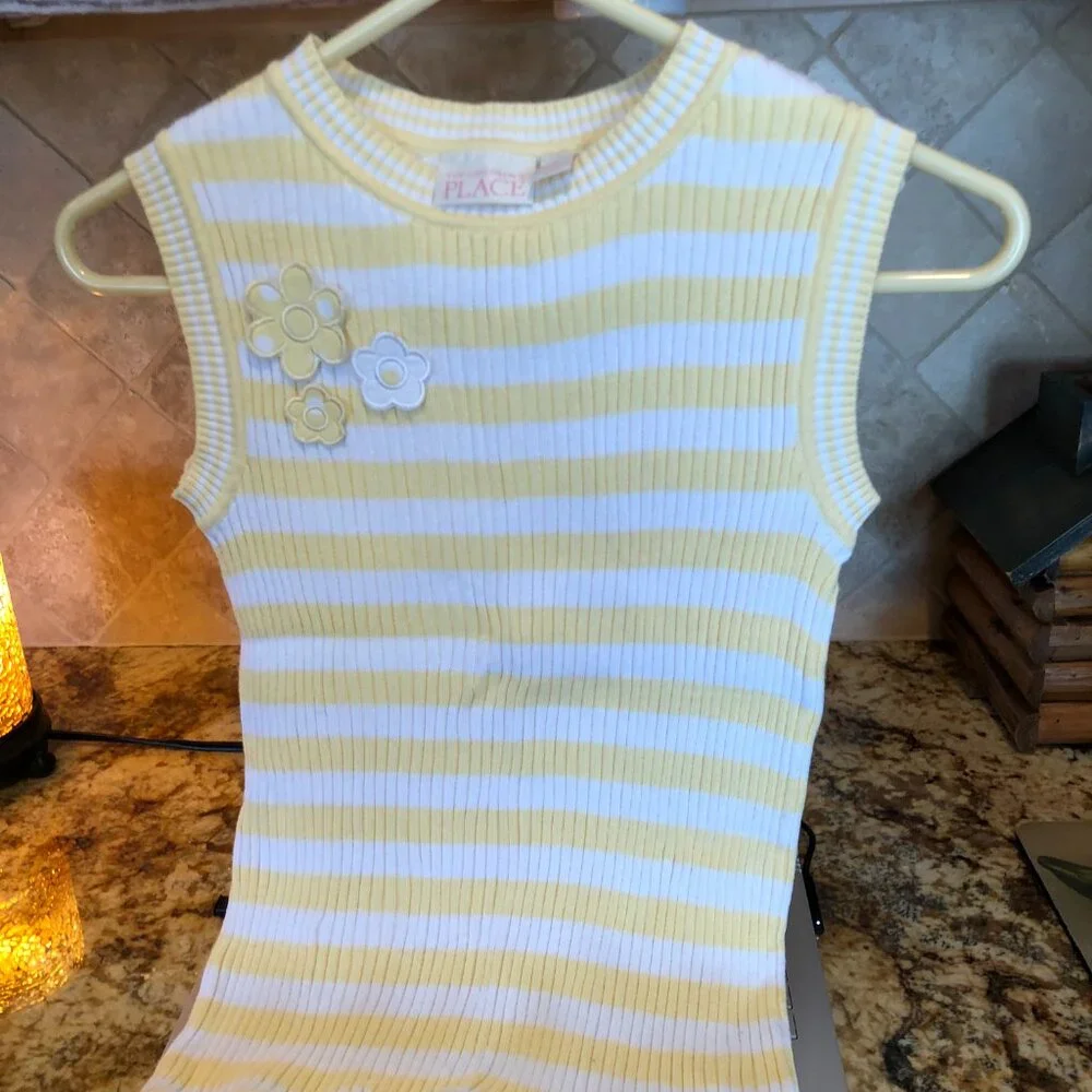 The Children's Place Girl's Ribbed Stripe Sleeveless T Shirt Yellow & White XL